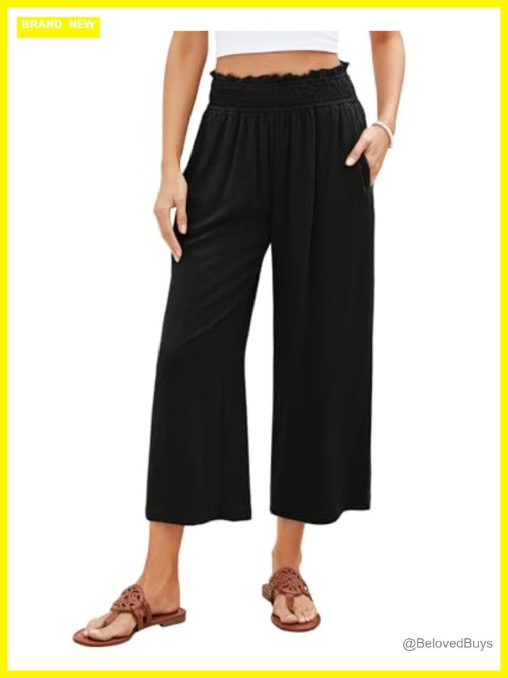 High Waisted Wide Leg Linen Palazzo Capri Pants Pull On Elastic Smock Waist